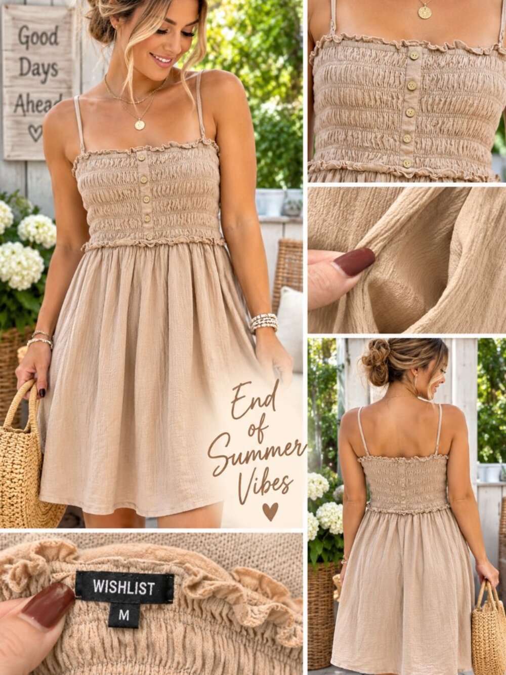 WISHLIST Tan Smocked Button Front Mini Dress Pockets Medium